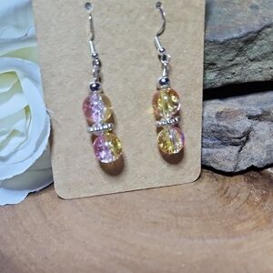 Hand Crafted Dangle Drop Hook Earrings With Pink and Yellow Crackled Glass Beads
